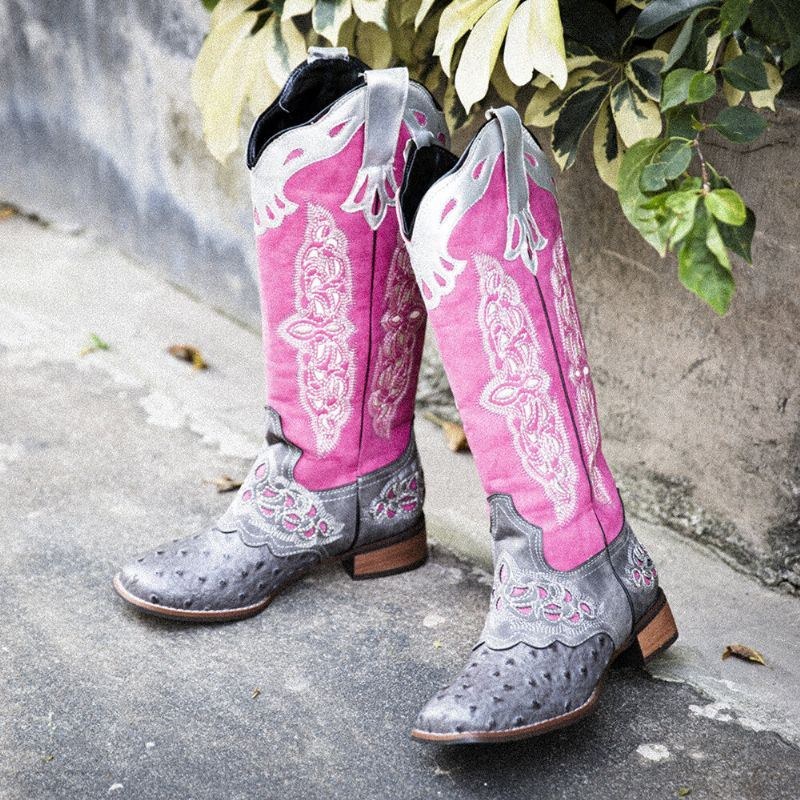 Plus Size Kvinder Retro Blomster Broderede Mid Calf Cowboystøvler