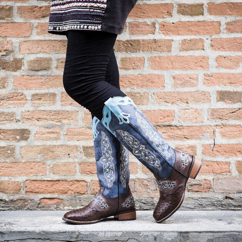 Plus Size Kvinder Retro Blomster Broderede Mid Calf Cowboystøvler