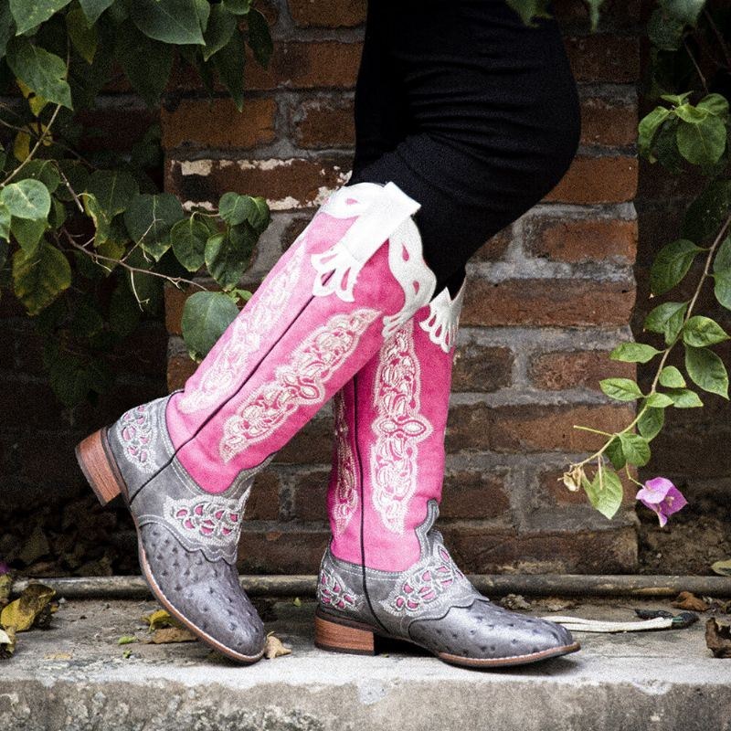 Plus Size Kvinder Retro Blomster Broderede Mid Calf Cowboystøvler