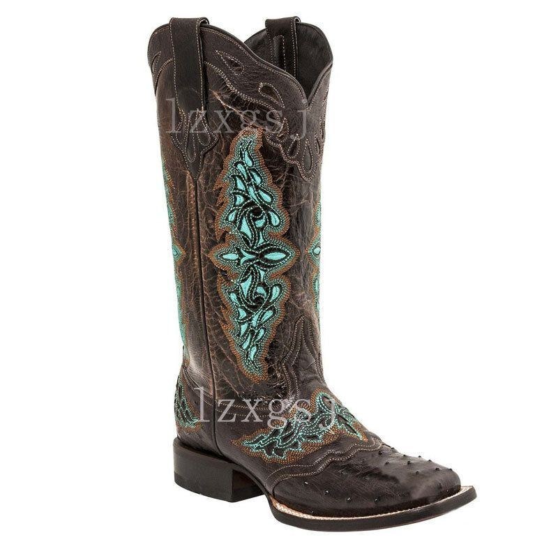 Plus Size Kvinder Retro Blomster Broderede Mid Calf Cowboystøvler