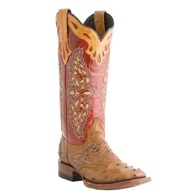 Plus Size Kvinder Retro Blomster Broderede Mid Calf Cowboystøvler