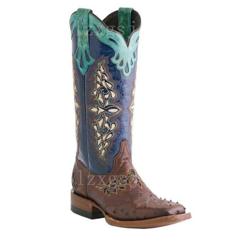 Plus Size Kvinder Retro Blomster Broderede Mid Calf Cowboystøvler