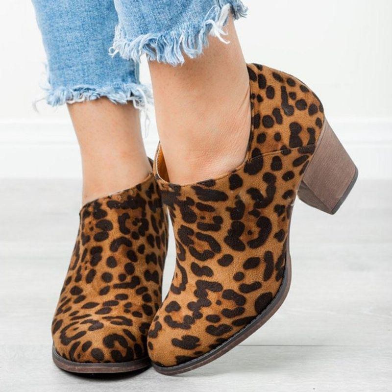 Stor Størrelse Dame Leopard Clog Høj Chunky Heel Ankelstøvler