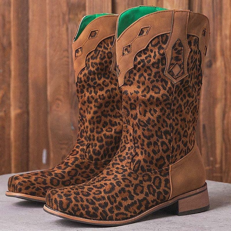 Stor Størrelse Kvinder Retro Etnisk Comfy Square Toe Leopard Cowboystøvler