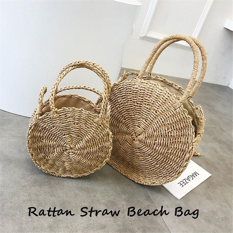 Bohemia Rattan Stråtaske Dame Strå Håndtaske Rund Strand 110cm Længde Polyester