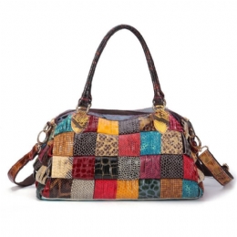 Dame Bohemian Stor Kapacitet Ægte Læder Håndtaske Patchwork Håndlavede Crossbody Tasker