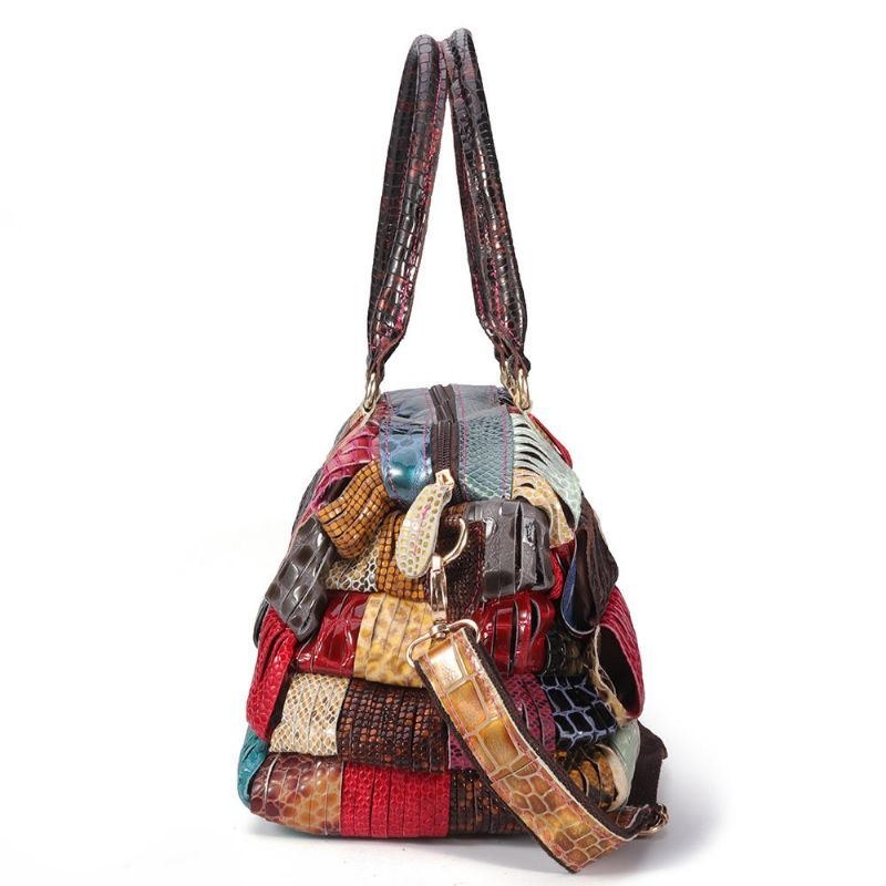 Dame Bohemian Stor Kapacitet Ægte Læder Håndtaske Patchwork Håndlavede Crossbody Tasker