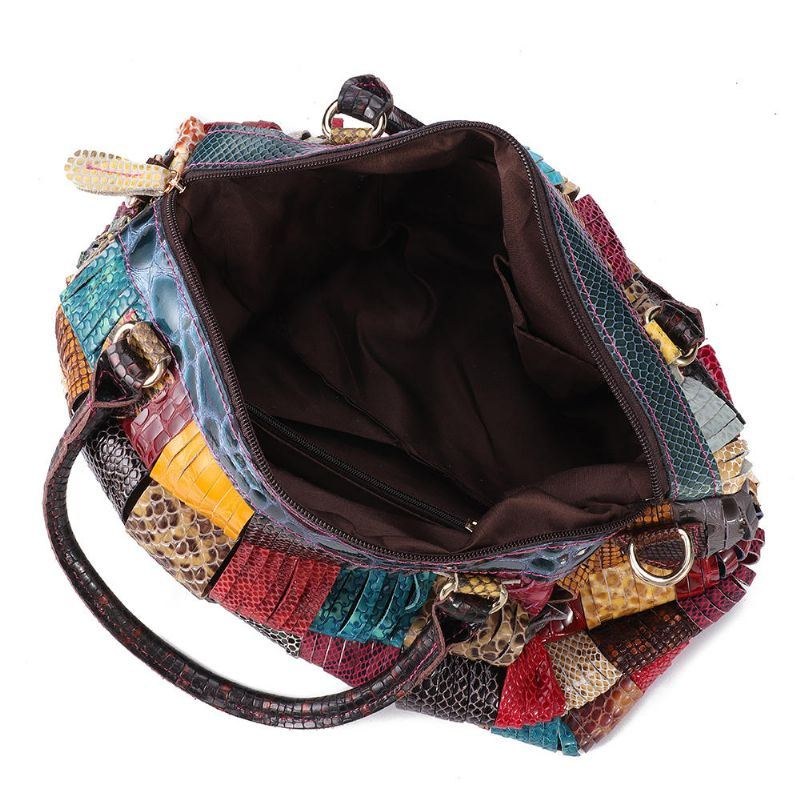 Dame Bohemian Stor Kapacitet Ægte Læder Håndtaske Patchwork Håndlavede Crossbody Tasker