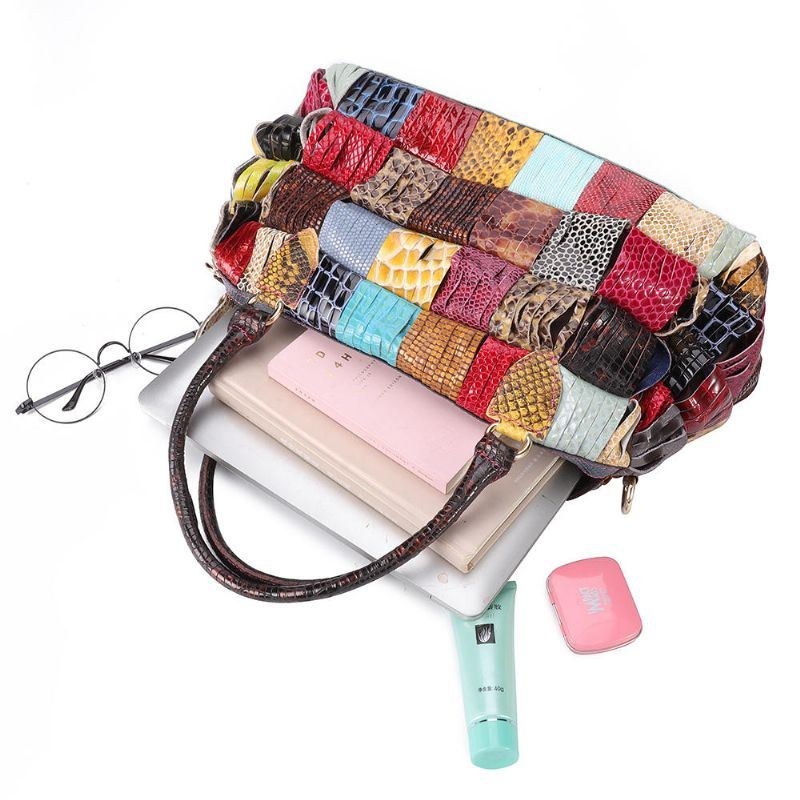 Dame Bohemian Stor Kapacitet Ægte Læder Håndtaske Patchwork Håndlavede Crossbody Tasker