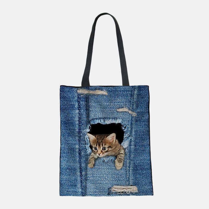 Dame Canvas Breaking Hole Denim 3d Sød Kat Hundemønster Casual Outdoor Håndtaske Skuldertaske Tote