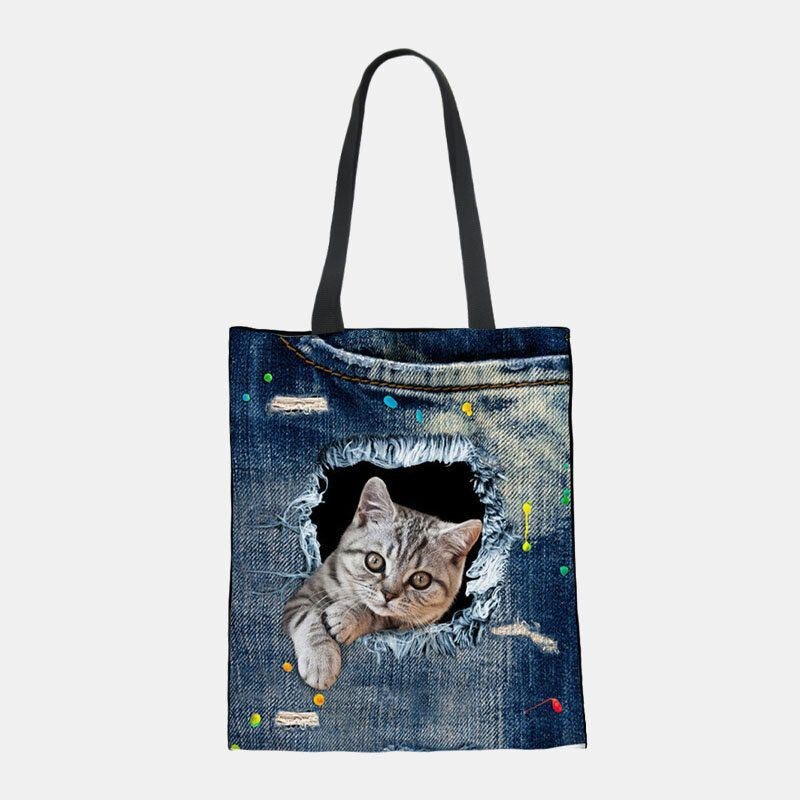 Dame Canvas Breaking Hole Denim 3d Sød Kat Hundemønster Casual Outdoor Håndtaske Skuldertaske Tote