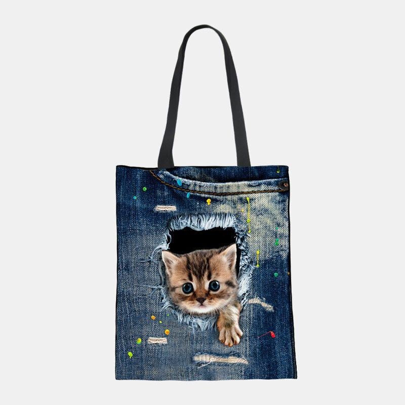 Dame Canvas Breaking Hole Denim 3d Sød Kat Hundemønster Casual Outdoor Håndtaske Skuldertaske Tote