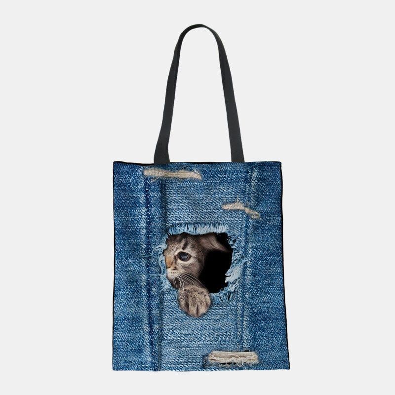 Dame Canvas Breaking Hole Denim 3d Sød Kat Hundemønster Casual Outdoor Håndtaske Skuldertaske Tote