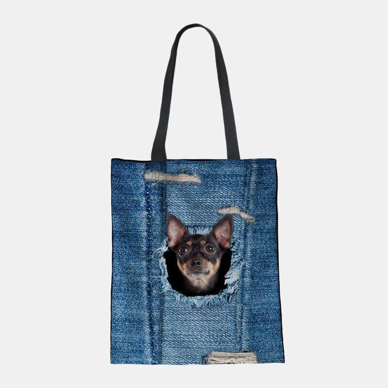 Dame Canvas Breaking Hole Denim 3d Sød Kat Hundemønster Casual Outdoor Håndtaske Skuldertaske Tote