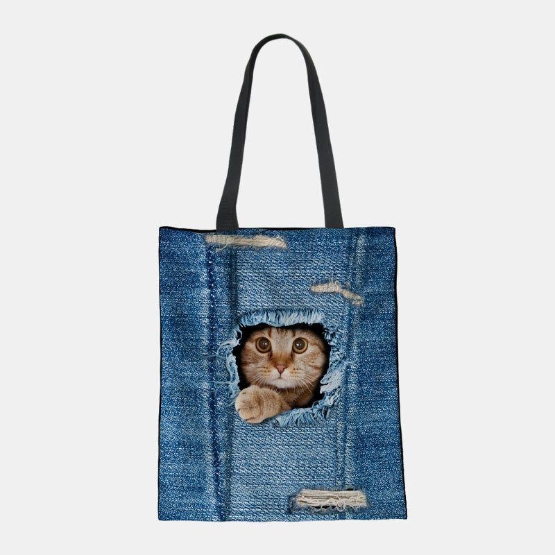 Dame Canvas Breaking Hole Denim 3d Sød Kat Hundemønster Casual Outdoor Håndtaske Skuldertaske Tote