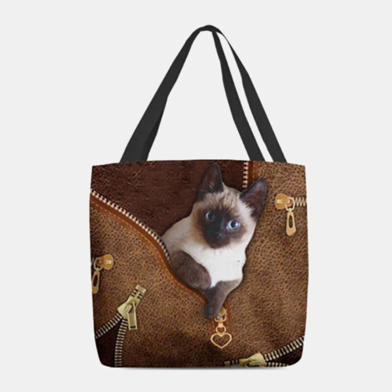 Dame Canvas Cute 3d Tre-dimensionelt Kattemønster Casual Skuldertaske Håndtaske Tote