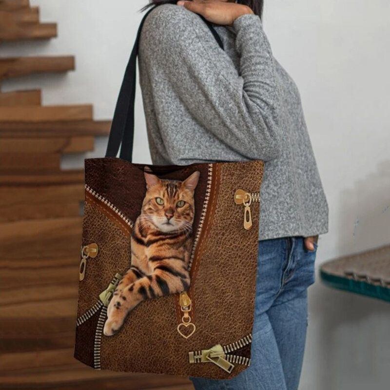 Dame Canvas Cute 3d Tredimensional Vision Cat Pattern Skuldertaske Håndtaske Tote