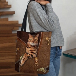 Dame Canvas Cute 3d Tredimensional Vision Cat Pattern Skuldertaske Håndtaske Tote