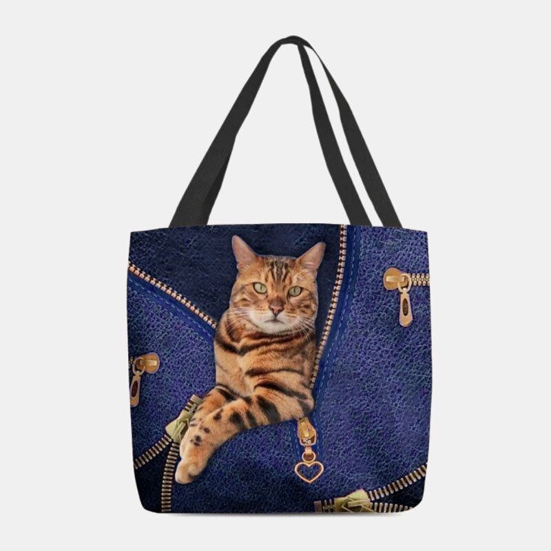 Dame Canvas Cute 3d Tredimensional Vision Cat Pattern Skuldertaske Håndtaske Tote