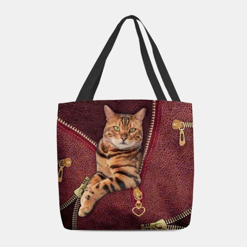 Dame Canvas Cute 3d Tredimensional Vision Cat Pattern Skuldertaske Håndtaske Tote