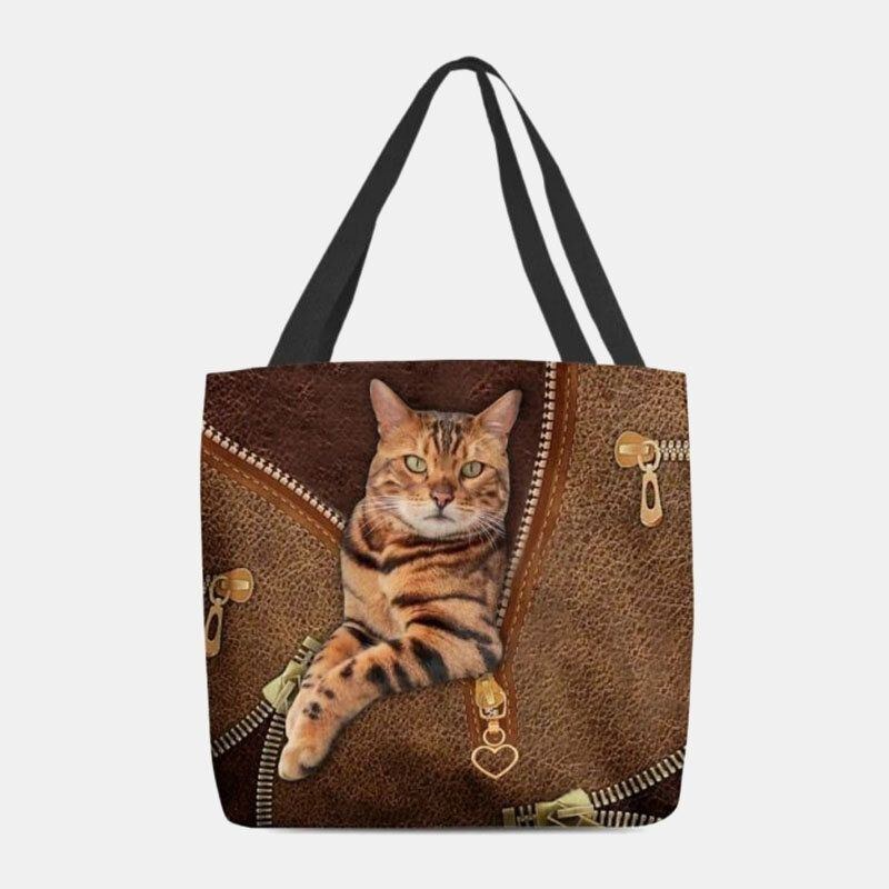 Dame Canvas Cute 3d Tredimensional Vision Cat Pattern Skuldertaske Håndtaske Tote