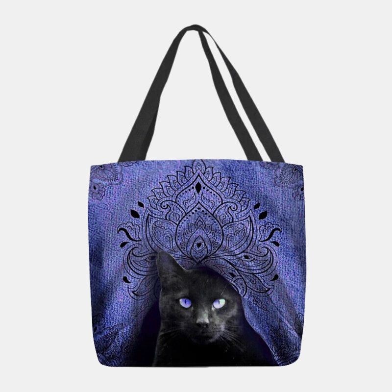 Dame Canvas Cute Black Cat Pattern Håndtaske Tote Skuldertaske