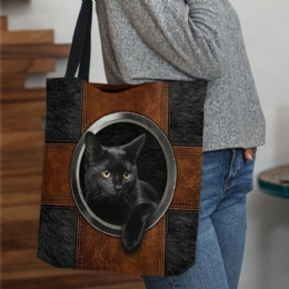 Dame Canvas Cute Cartoon Black Cat Print Håndtaske Tote Skuldertaske