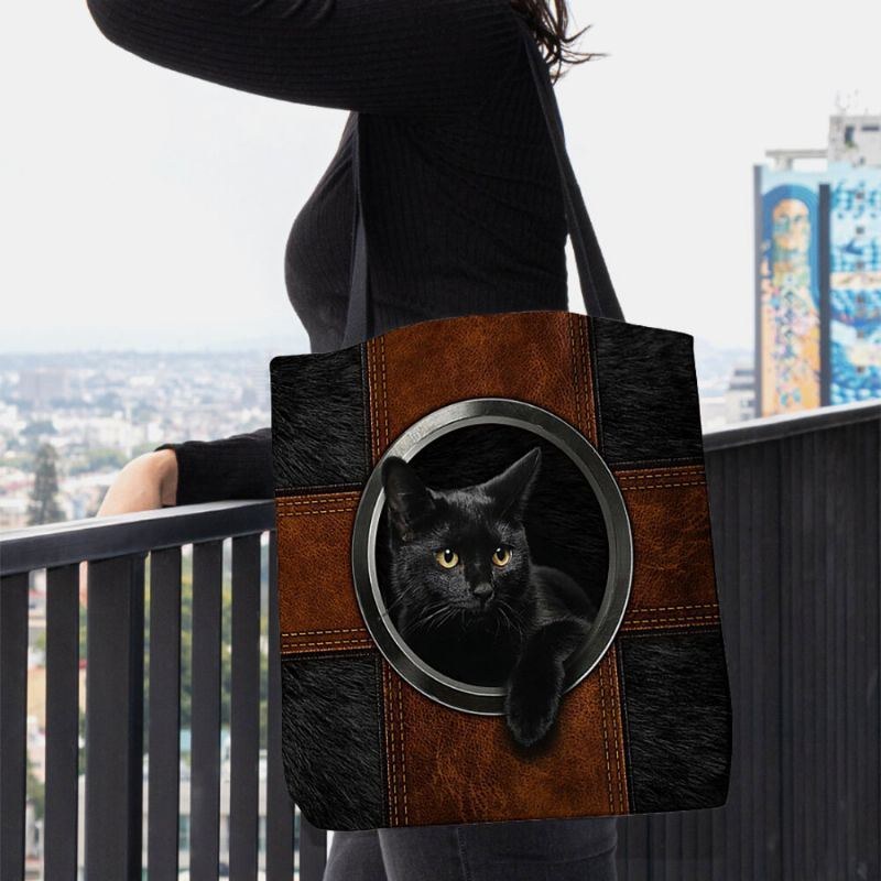 Dame Canvas Cute Cartoon Black Cat Print Håndtaske Tote Skuldertaske