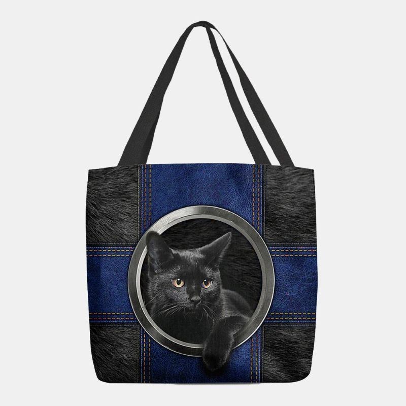 Dame Canvas Cute Cartoon Black Cat Print Håndtaske Tote Skuldertaske