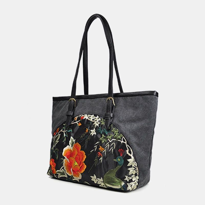 Dame Canvas Etnisk Stil Broderet Blomster Håndtaske Med Stor Kapacitet Skuldertaske Tote