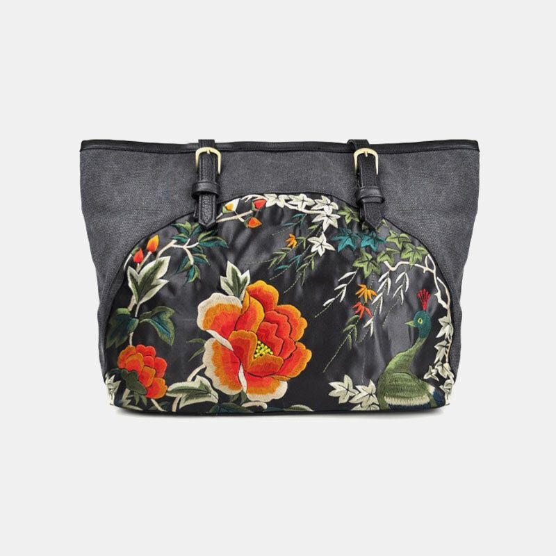 Dame Canvas Etnisk Stil Broderet Blomster Håndtaske Med Stor Kapacitet Skuldertaske Tote