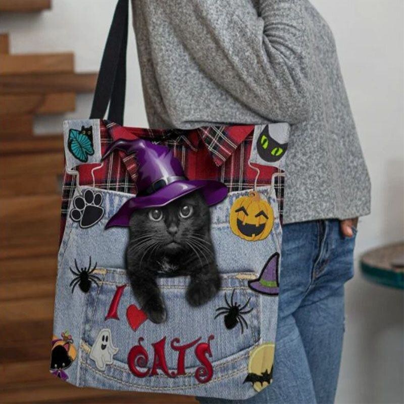 Dame Canvas Magic Hat Tredimensionel 3d Cute Black Cat Håndtaske Tote Skuldertaske