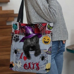 Dame Canvas Magic Hat Tredimensionel 3d Cute Black Cat Håndtaske Tote Skuldertaske