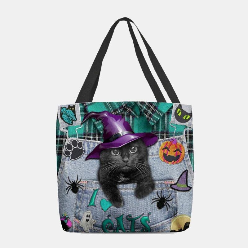 Dame Canvas Magic Hat Tredimensionel 3d Cute Black Cat Håndtaske Tote Skuldertaske