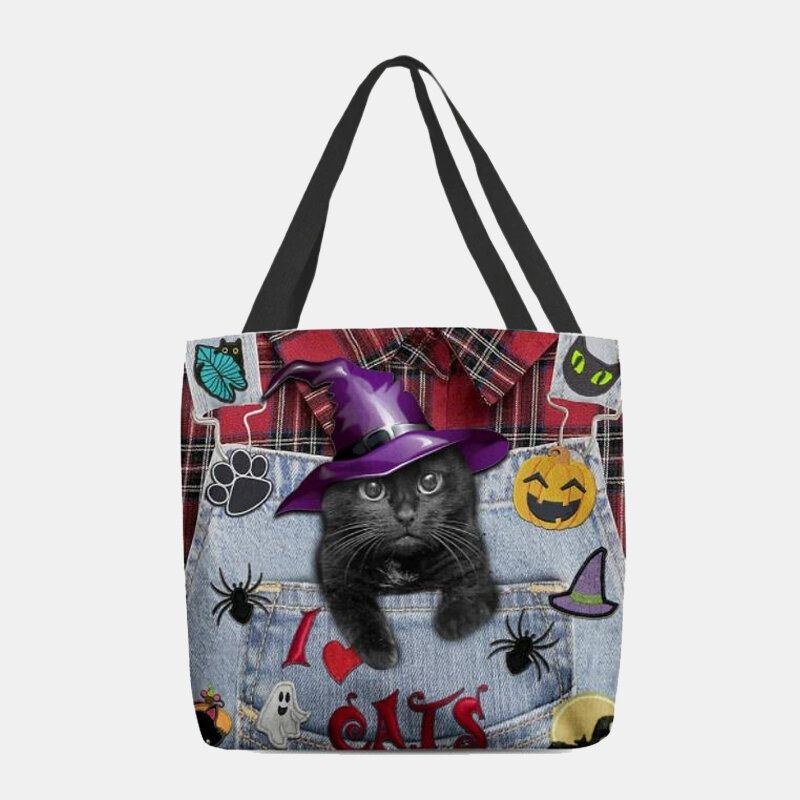 Dame Canvas Magic Hat Tredimensionel 3d Cute Black Cat Håndtaske Tote Skuldertaske