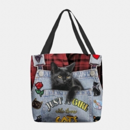 Dame Canvas Tredimensionel 3d Cute Black Cat Håndtaske Tote Skuldertaske