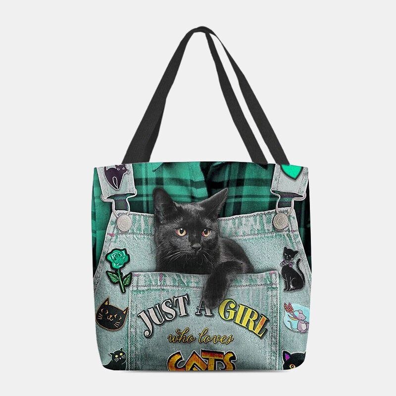 Dame Canvas Tredimensionel 3d Cute Black Cat Håndtaske Tote Skuldertaske