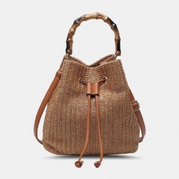 Dame Ensfarvet String Casual Straw Bag Håndtaske Skuldertaske Crossbody Tasker Bucket Bag