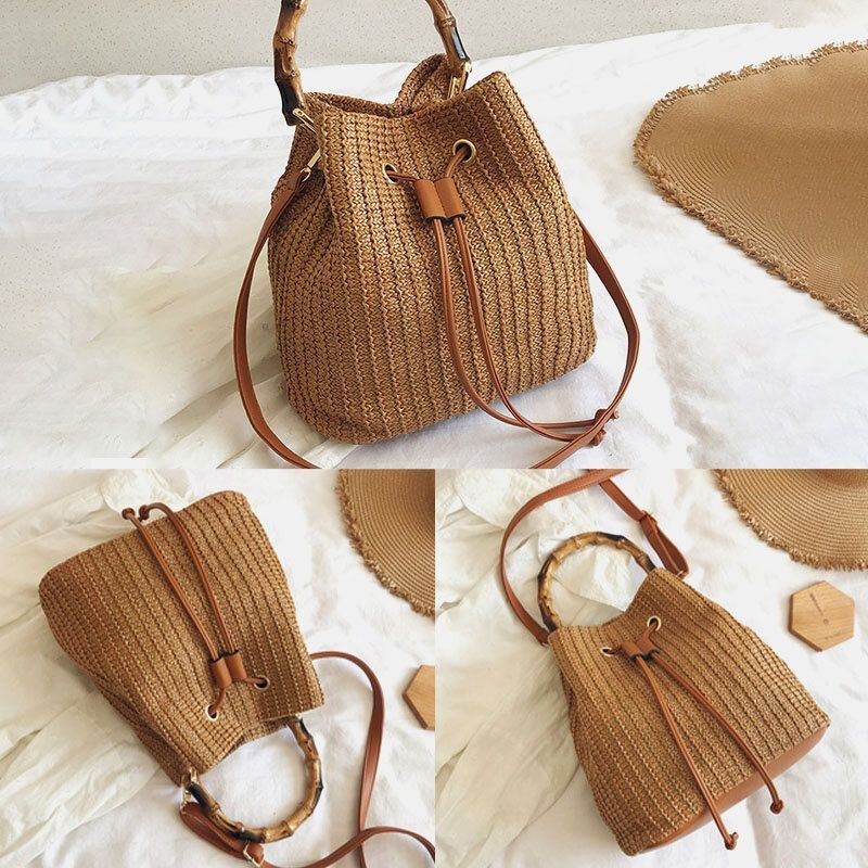 Dame Ensfarvet String Casual Straw Bag Håndtaske Skuldertaske Crossbody Tasker Bucket Bag