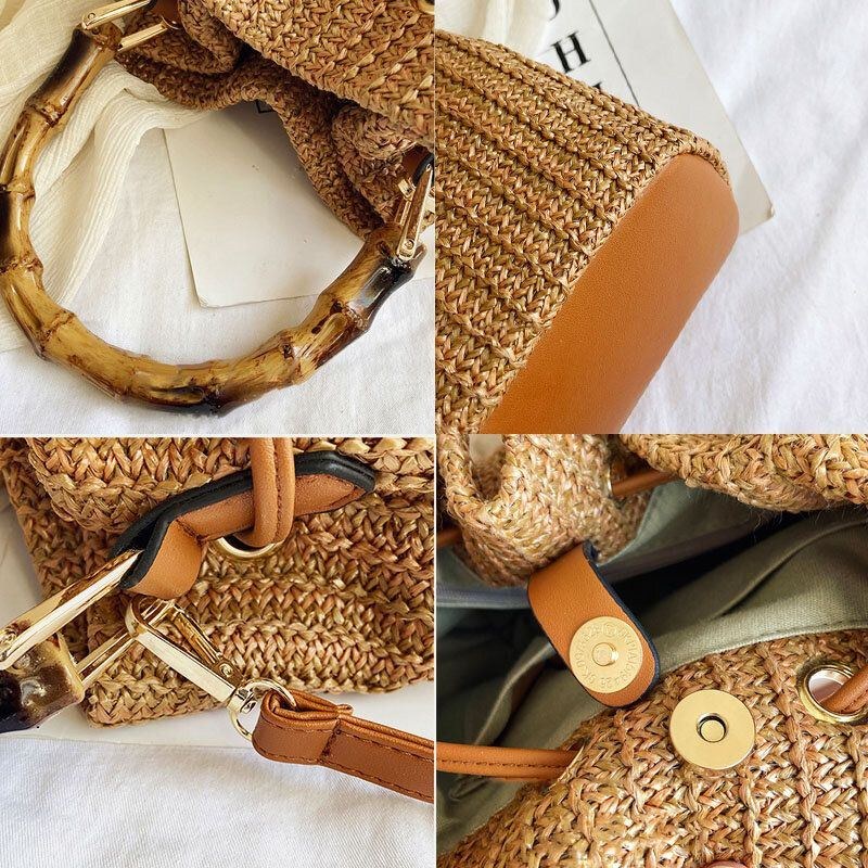 Dame Ensfarvet String Casual Straw Bag Håndtaske Skuldertaske Crossbody Tasker Bucket Bag