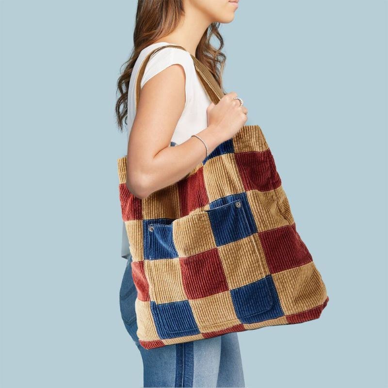 Dame Farve Matchende Stor Kapacitet Tote Corduroy Plaid Frontlomme Vintage Skuldertaske Håndtaske