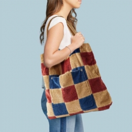 Dame Farve Matchende Stor Kapacitet Tote Corduroy Plaid Frontlomme Vintage Skuldertaske Håndtaske