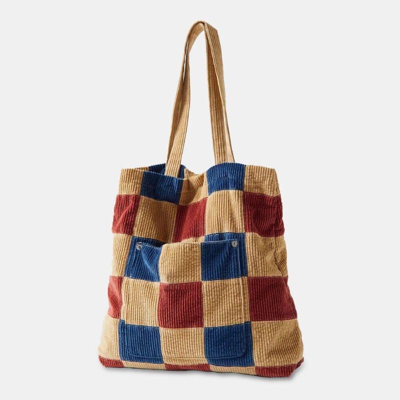 Dame Farve Matchende Stor Kapacitet Tote Corduroy Plaid Frontlomme Vintage Skuldertaske Håndtaske