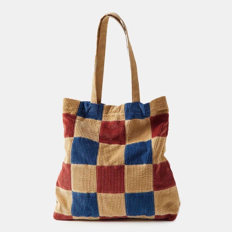 Dame Farve Matchende Stor Kapacitet Tote Corduroy Plaid Frontlomme Vintage Skuldertaske Håndtaske