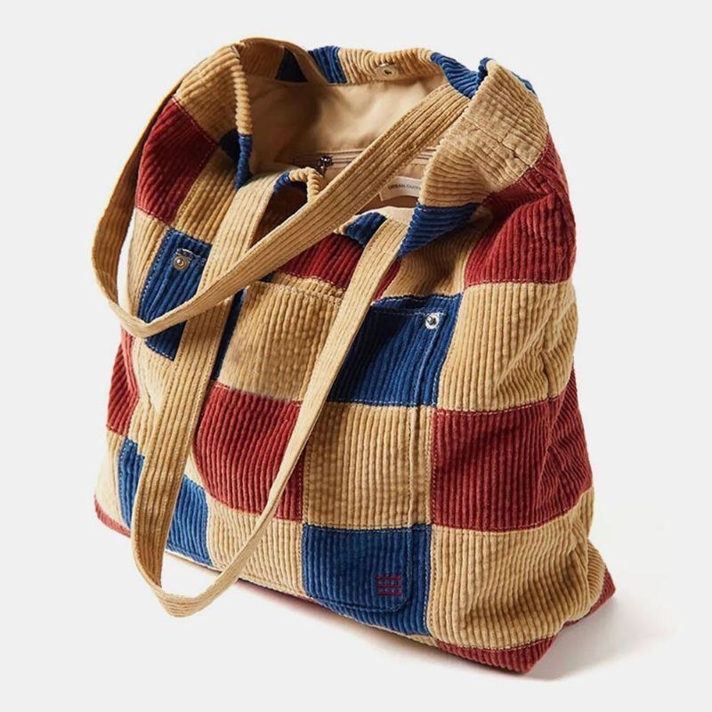 Dame Farve Matchende Stor Kapacitet Tote Corduroy Plaid Frontlomme Vintage Skuldertaske Håndtaske