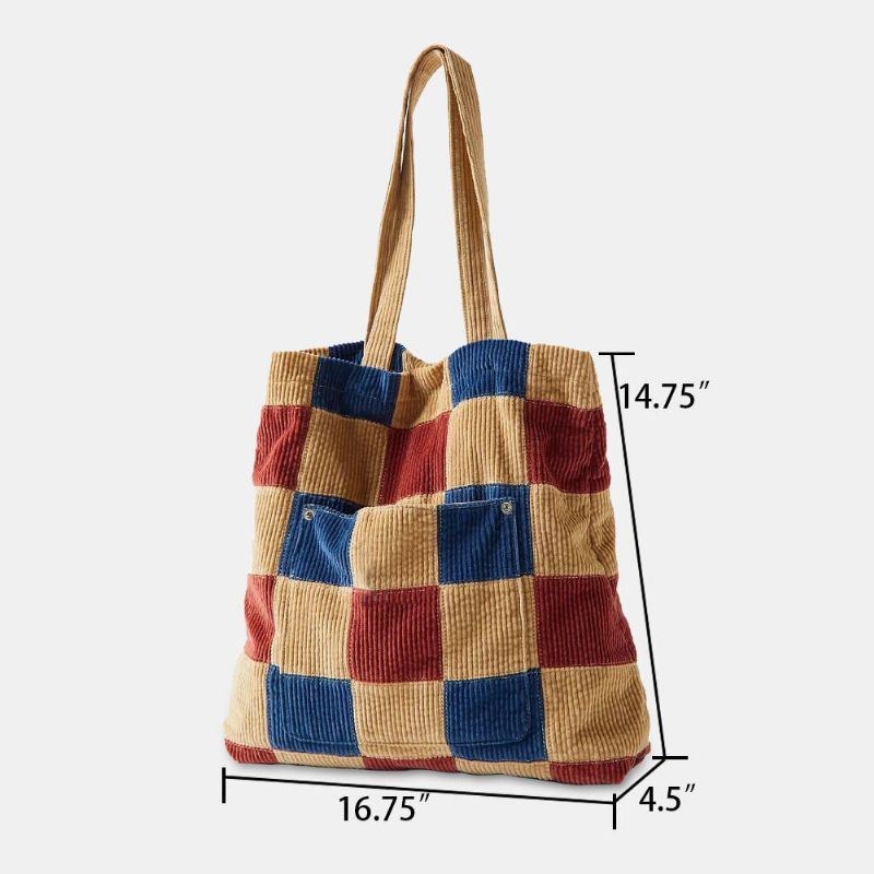 Dame Farve Matchende Stor Kapacitet Tote Corduroy Plaid Frontlomme Vintage Skuldertaske Håndtaske