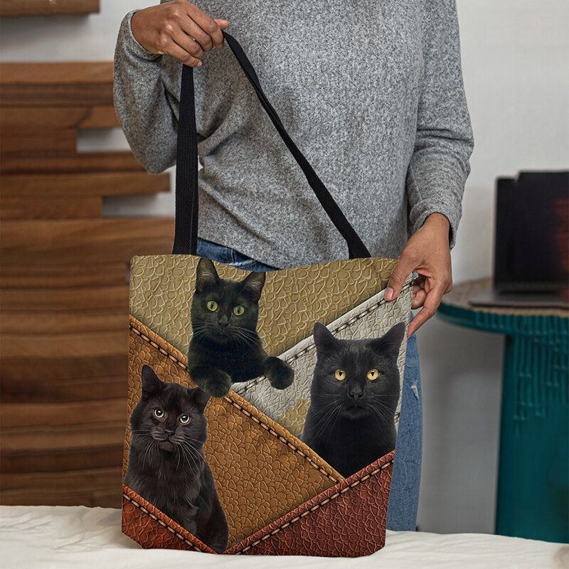 Dame Filt Katte Mønster Patchwork Udskrivning Håndtaske Skuldertaske Tote