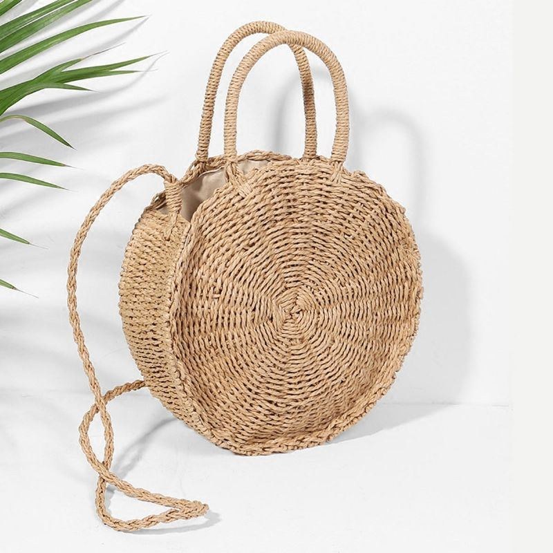 Dame Håndvævet Taske Rund Rattan Straw Bohemia Style Beach Circle Strandtasker