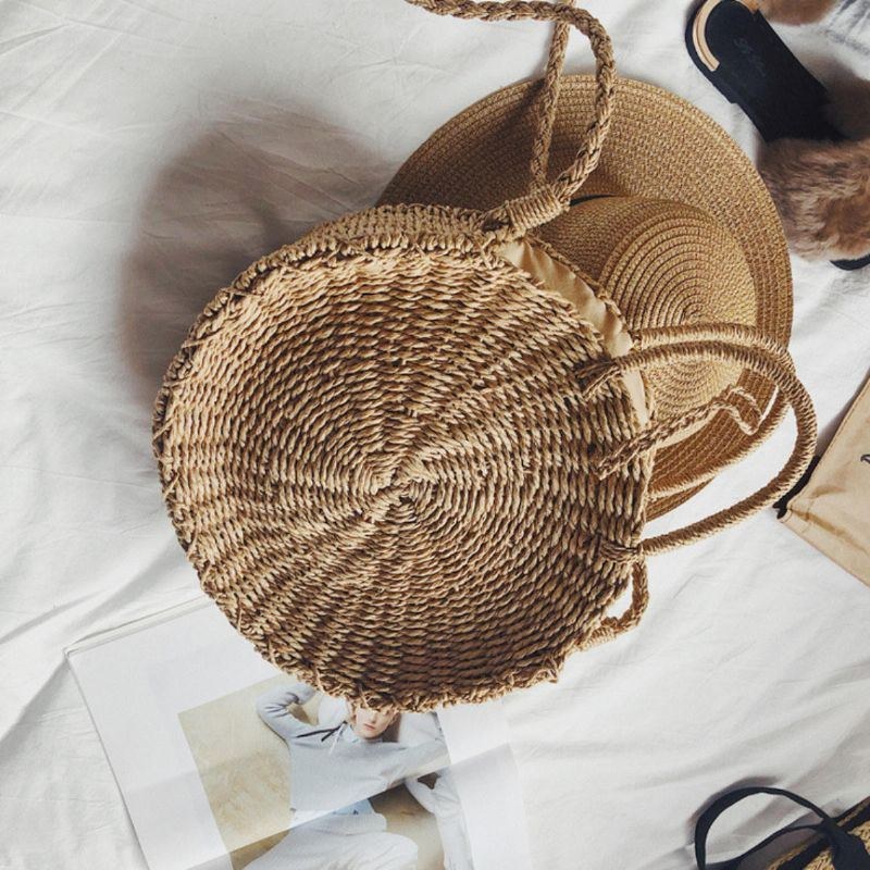 Dame Håndvævet Taske Rund Rattan Straw Bohemia Style Beach Circle Strandtasker