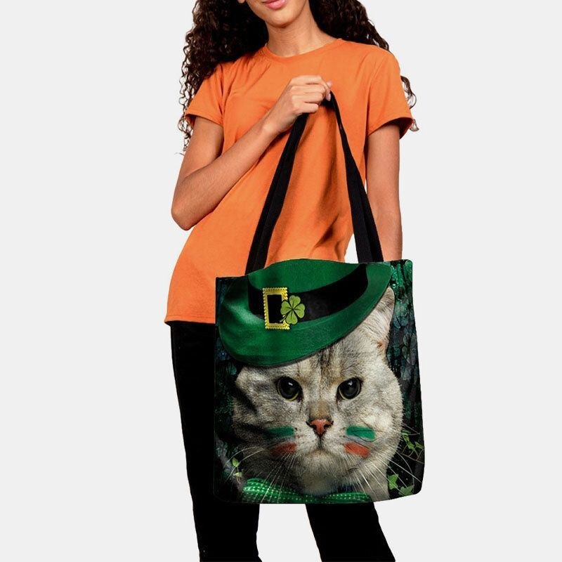 Dame Kløver Kat Mønster Print Happy St Patrick Day Skuldertaske Håndtaske Tote